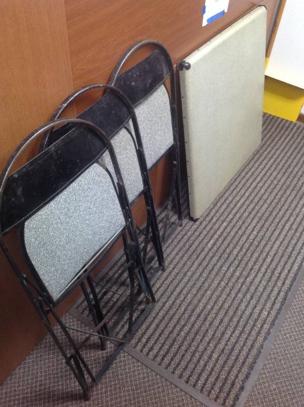 Three Antique Folding Steel Chairs and a Antique Folding Table