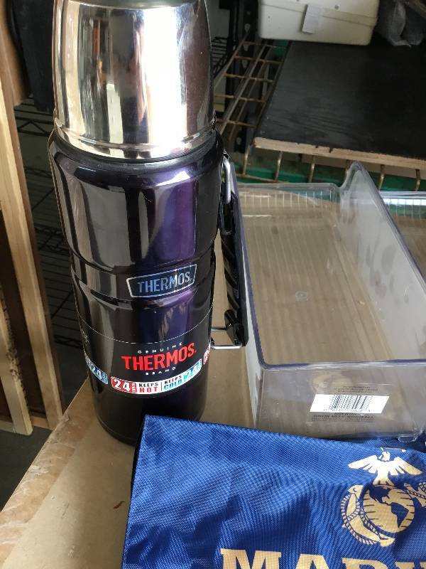 Thermos - black, Two Fridge Can Organizers, Marines draw string bag, and a Mister