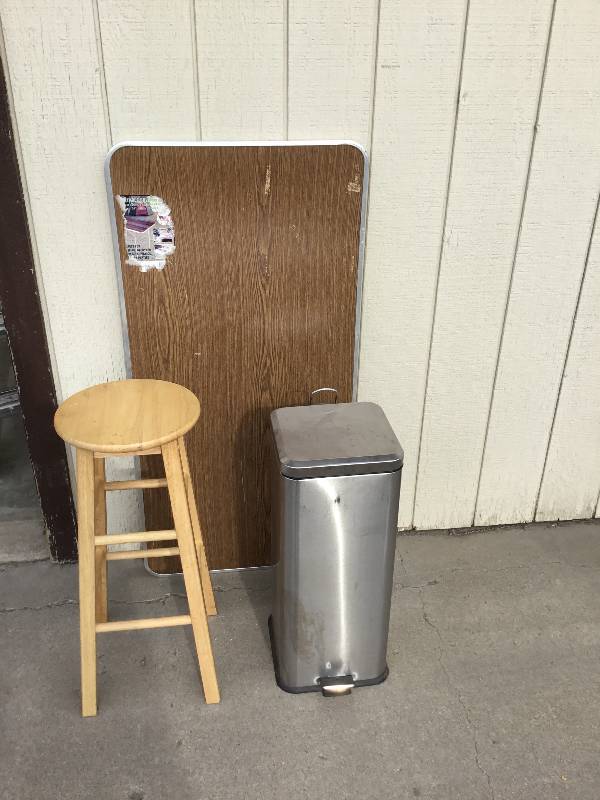 Table, Stool and Garbage Can