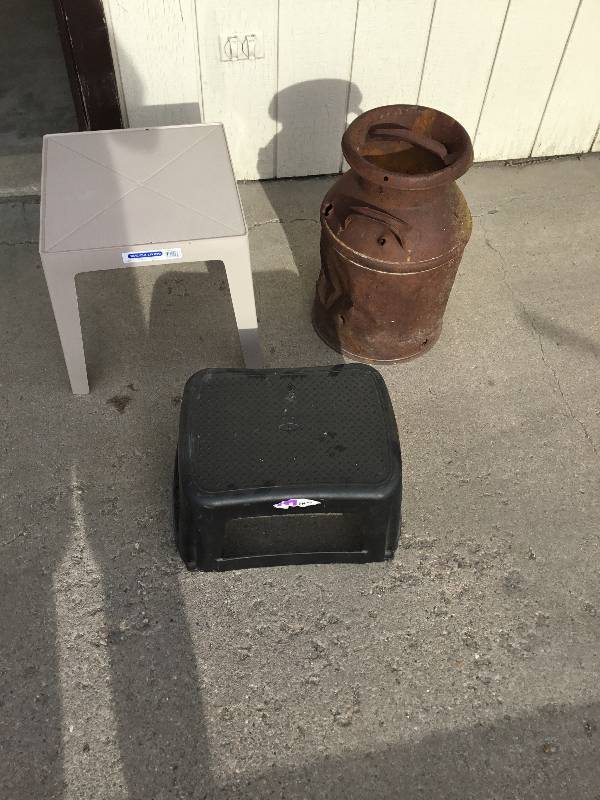 Metal Milk Can - Plastic Patio Side Table - Plastic Step Stool