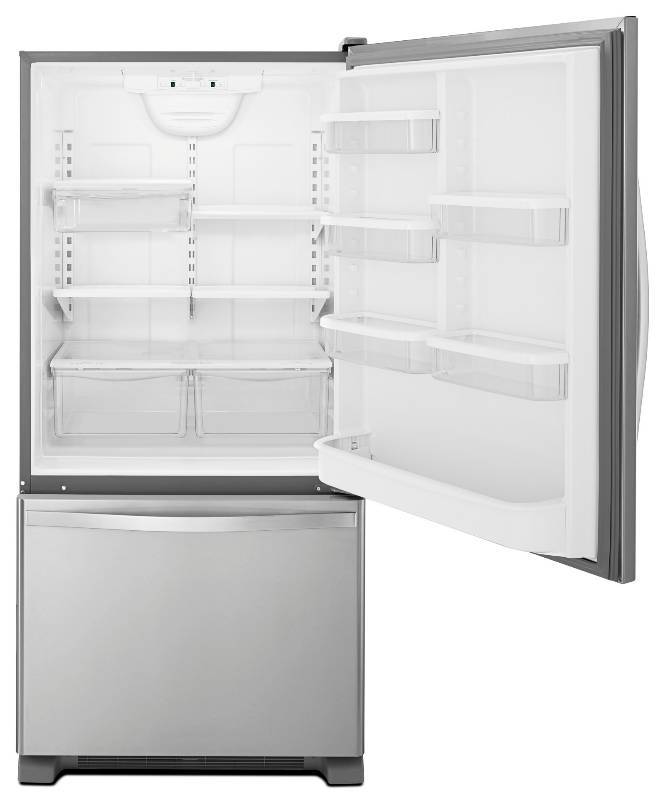 lot 8 image: BRAND NEW - WITH WARRANTY - WHIRLPOOL  MODEL # (WRB329DMBM) - 19 cu. ft. Single Door Bottom Freezer Refrigerator w Adaptive Defrost - Stainless Steel  MSRP $ 1999.99