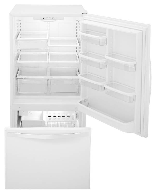 lot 23 image: BRAND NEW - WITH WARRANTY - WHIRLPOOL  MODEL # (WRB322DMBW) -   Whirlpool WRB322DMBW Bottom Freezer Refrigerator - 32.6 - 22.1 cu ft - White  MSRP $ 1499.99