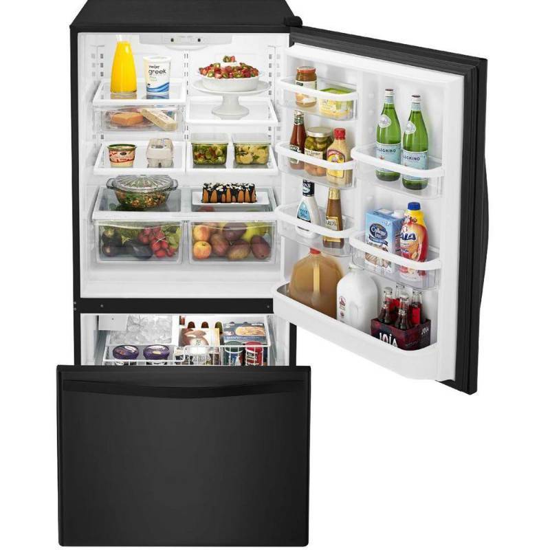 lot 22 image: BRAND NEW - WITH WARRANTY - WHIRLPOOL  MODEL # (WRB322DMBB) -   33 in. W 22.1 cu. ft. Bottom Freezer Refrigerator in Black -  MSRP $ 1499.99