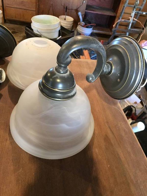 lot 113 image: 2 Wall Lights Bronzetone White Shades