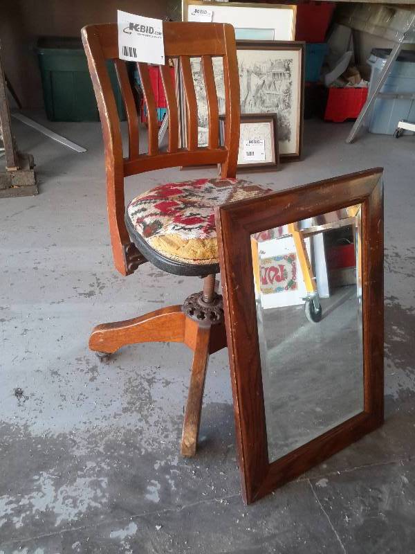 Solid wood Swivel Office Chair.. Vintage and Beveled glass mirror