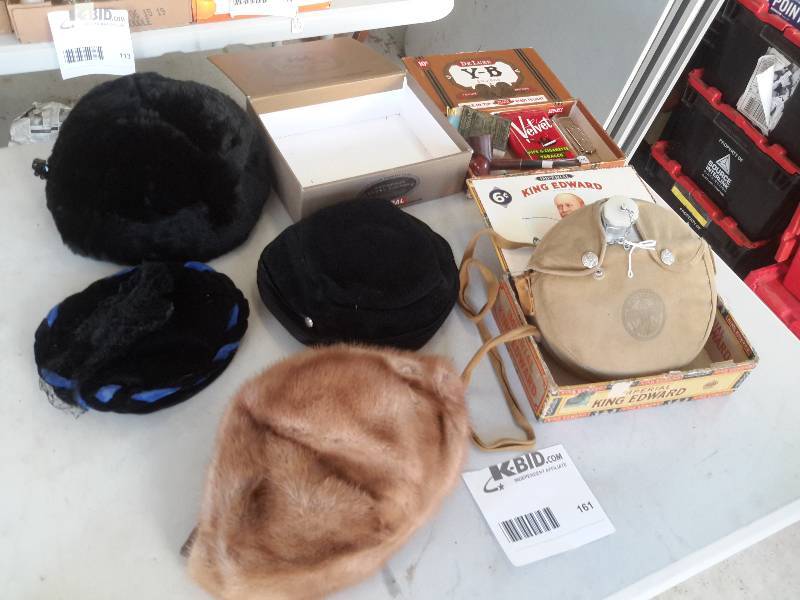 Lot of vintage hats, One looks like mink  a vintage canteen, Smoking items