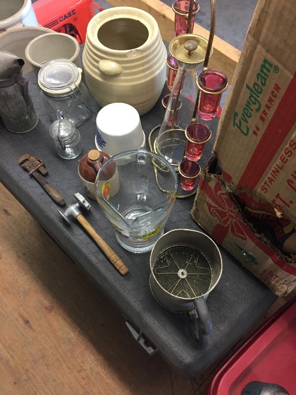 MISC. CROCKS UTENSILS, OIL CAN, VINTAGE CATCHERS MASK, BEE FOGGER, DECANTER, COORS SIGN
