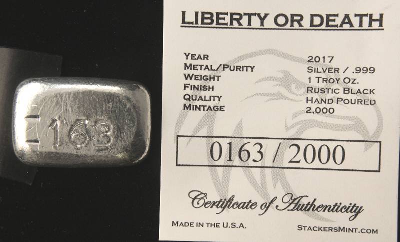 1 TROY OZ. .999 FINE SILVER HAND POURED LIBERTY OR DEATH WITH COA
