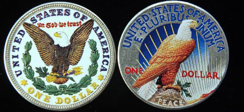 2 SILVER DOLLARS 1921 MORGAN & 1922 PEACE COLOR ENHANCED