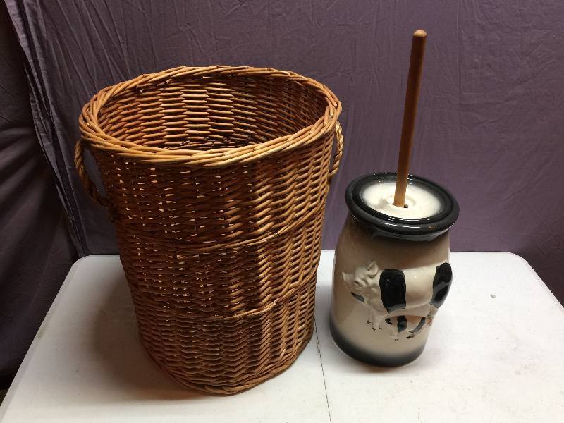 lot 65 image: Wicker Basket & Decorative Butter Churn
