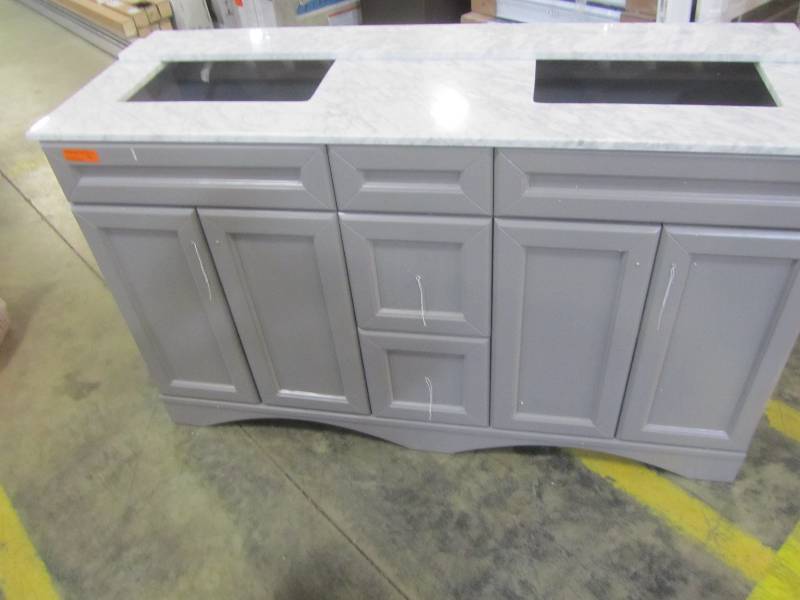 lot 67 image: Virtu USA Talisa 60 in. W x 22 in. D Vanity in Gray with Marble Vanity Top in White with Square White Basin and Mirror