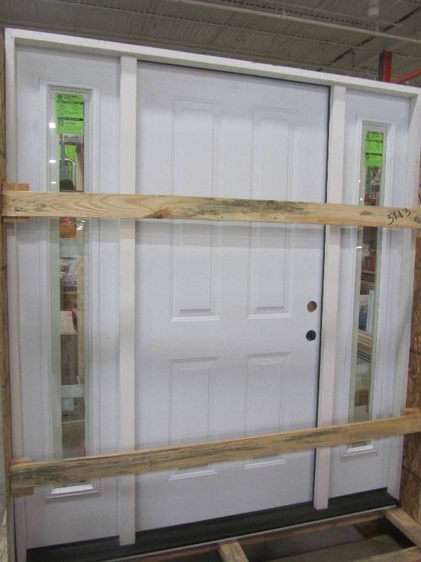 lot 70 image: Steves and Sons 72 in. x 80 in. 4-Panel Primed White Left-Hand Steel Prehung Front Door with 16 in. Mini Blind Sidelites 4 in. Wall
