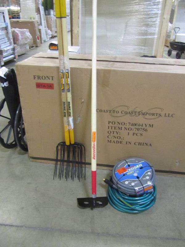 lot 87 image: Ames True Temper 5-Tine Manure Fork with Hardwood Handle - 2812300 (3 pitchforks)Razor Back Mortar Hoe, Forged, Wood Handle, 10-In.Gilmour 58 in. Dia. x 50 ft. 8-Ply Water HoseNeverkink 58 in. Dia x 25 ft. Heavy Duty Water Hose