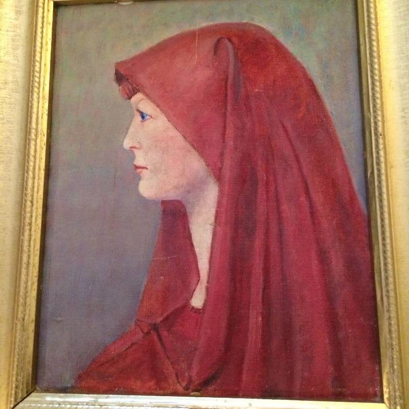 lot 6 image: Antique Hand Painted Portrait Of A Woman In Red Veil - by EnglishBritish Artist Edmund Mathews