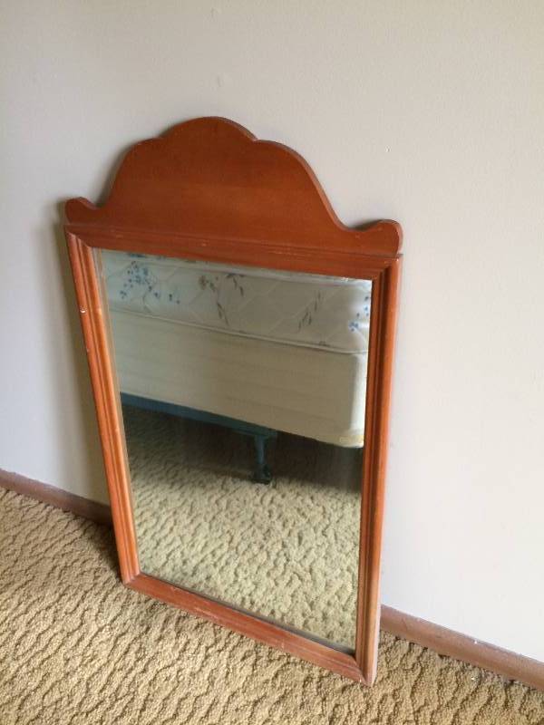 lot 22 image: Vintage Burns Jamestown Maple Mirror 34 Height 20 Length