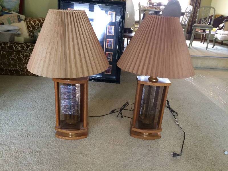 lot 66 image: 2 Vintage Wood & Glass Multi Light Lamps 27 Height&nbspShades 13 Height - Excellent Working Condition 
