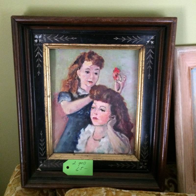 lot 78 image: 2 Girls Antique Artwork Painting Hand Painted By&nbspby EnglishBritish Artist Edmund Mathews&nbsp12 X 14