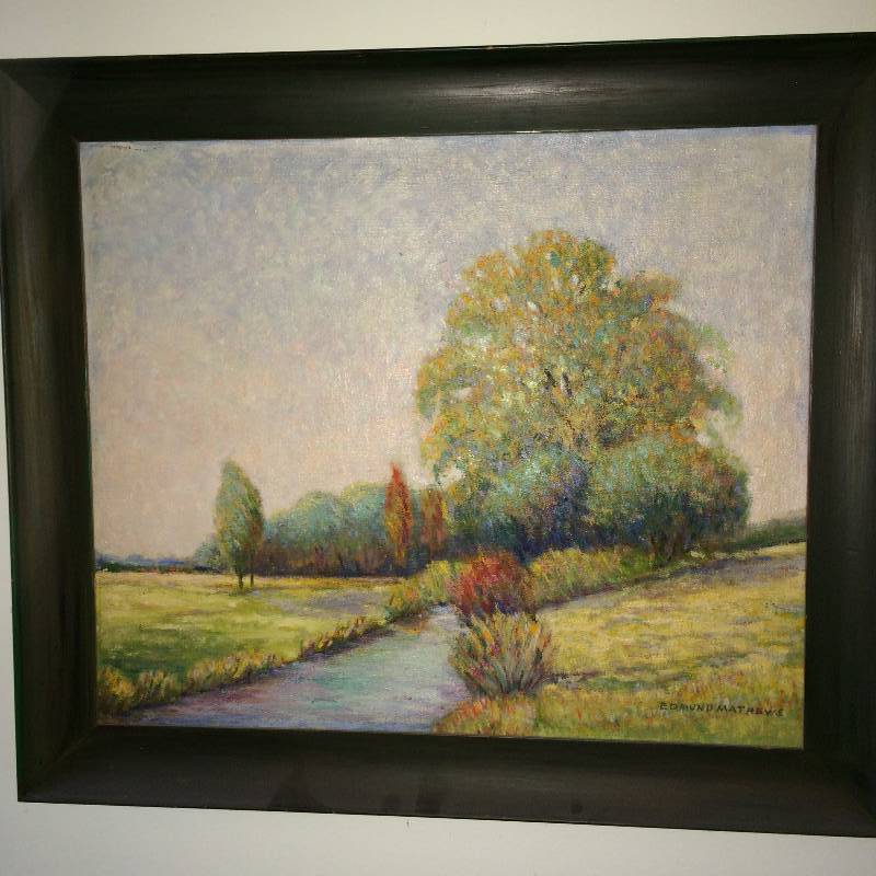 lot 96 image: Antique Hand Painted English Countryside Landscape Picture - by EnglishBritish Artist Edmund Mathews