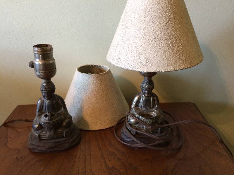 lot 102 image: Matching Pair Antique Silver Plated Spelter Buddha Table Lamps - Both Work But Wiring Is Old