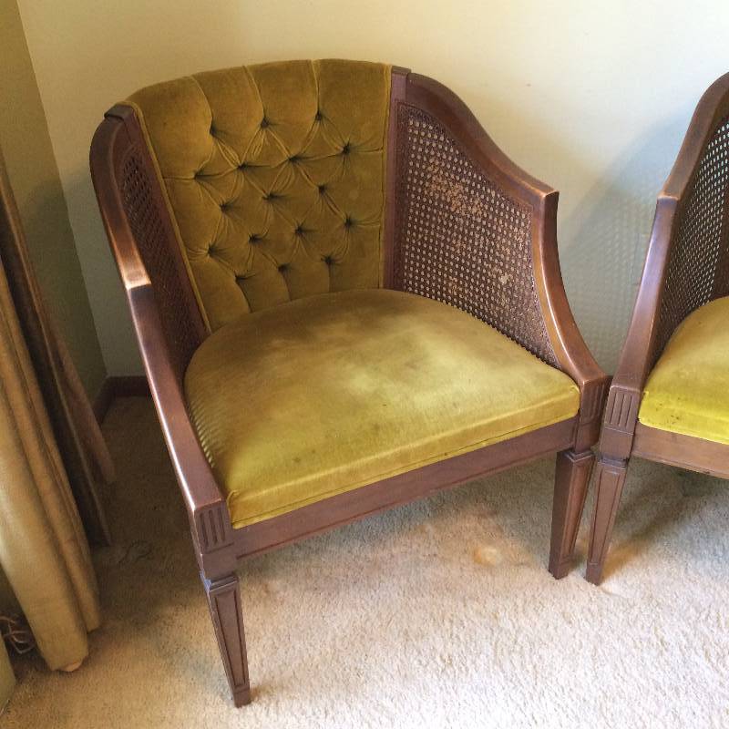 lot 105 image: Mid Century Chair Pair Cane Barrel Back Tufted Hollywood Regency Olive Green