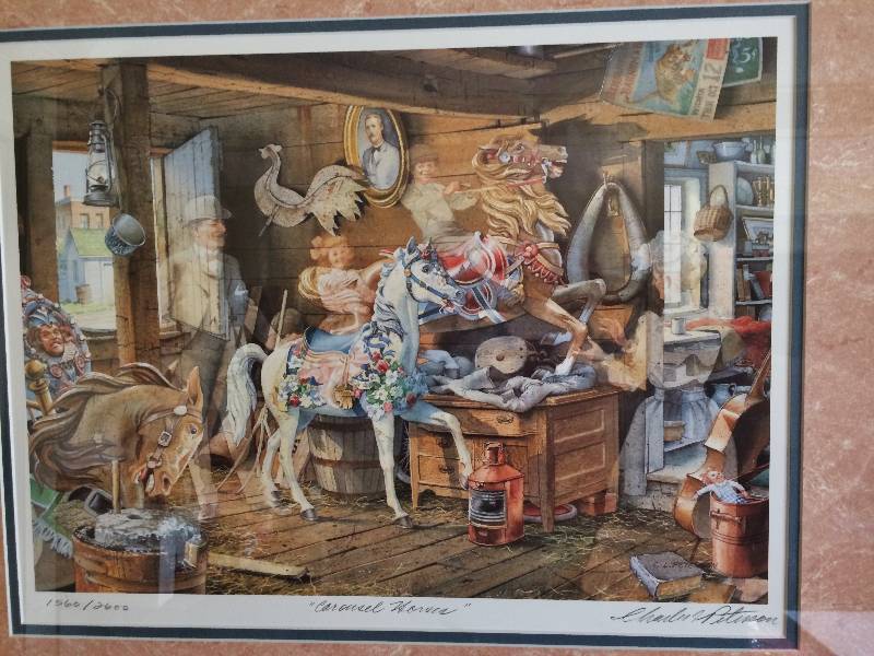 lot 55 image: Art Print Carousel Horses Double Signed By Charles Peterson Numbered