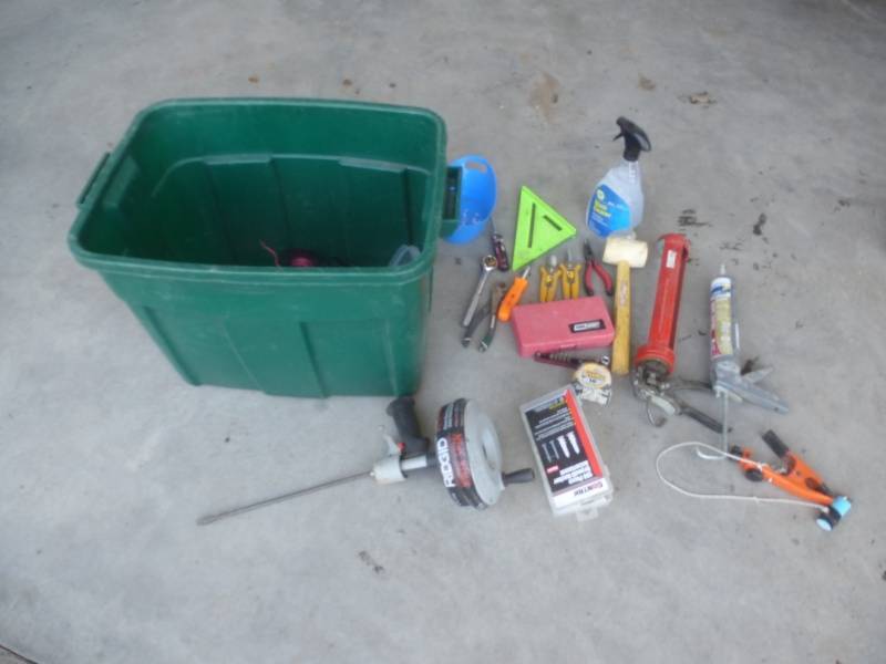 Tote With Rigid Sewer Tape & Caulking Guns