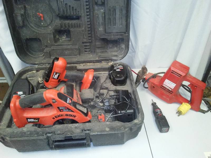 lot 102 image: B and D Firestorm Tool Kit and WEN Reciprocating Saw, Dremel Mini Mite
