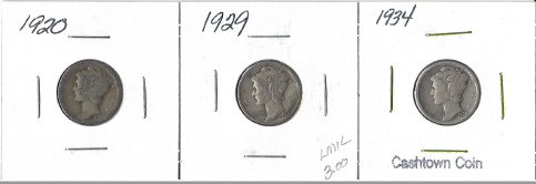 Three Different Mercury Dimes - 1920, 1929, & 1934