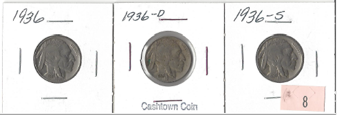 Three Different Buffalo Nickels - 1936, 1936-D, & 1936-S