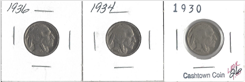 Three Different Buffalo Nickels - 1930, 1934, & 1936