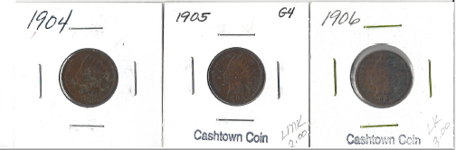 Three Different Indian Pennies - 1904, 1905, & 1906