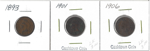 Three Different Indian Pennies - 1893, 1901, & 1906