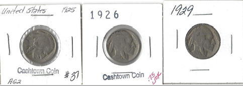 Three Different Buffalo Nickels - 1925, 1926, & 1929