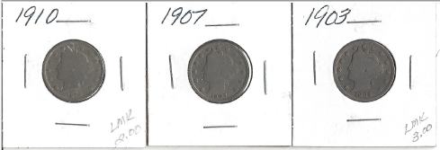 Three Different Liberty Head Nickels - 1903, 1907, & 1910
