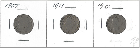 Three Different Liberty Head Nickels - 1907, 1911, & 1912