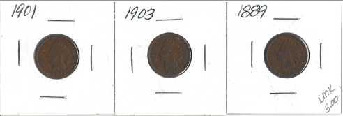 Three Different Indian Pennies - 1889, 1901, & 1903