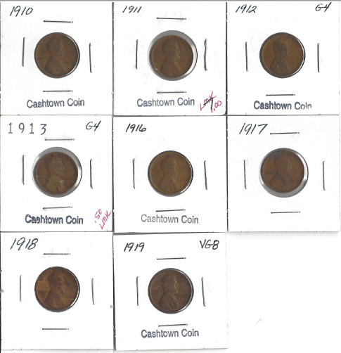 Eight Different Wheat Pennies From The Teens