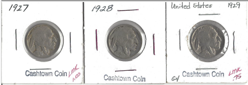 Three Different Buffalo Nickels - 1927, 1928, & 1929