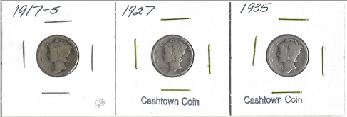 Three Different Mercury Dimes - 1917-S,1927, & 1935