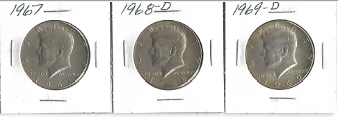 Three Different Kennedy Half Dollars - 1967, 1968-D, & 1969-D