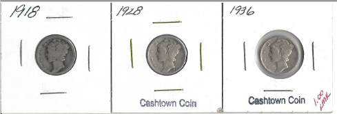 Three Different Mercury Dimes - 1918, 1928, & 1936