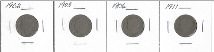 Four Liberty Head Nickels - 1902,1903, 1906, & 1911