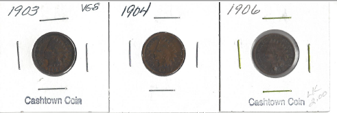 Three Different Indian Pennies - 1903, 1904, & 1906