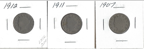 Three Different Liberty Head Nickels - 1907, 1911, & 1912