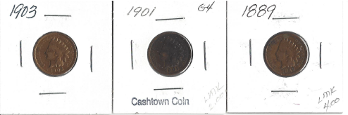 Three Different Indian Pennies - 1889, 1901, & 1903
