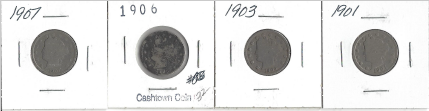 Four Liberty Head Nickels - 1901, 1903, 1906, & 1907