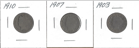 Three Different Liberty Head Nickels - 1903, 1907, & 1910