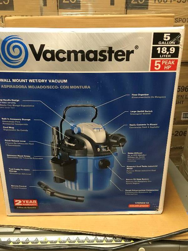 Vacmaster 5 Gal, 5 Peak Hp. Wall Mount WetDry Vacuum open box not used