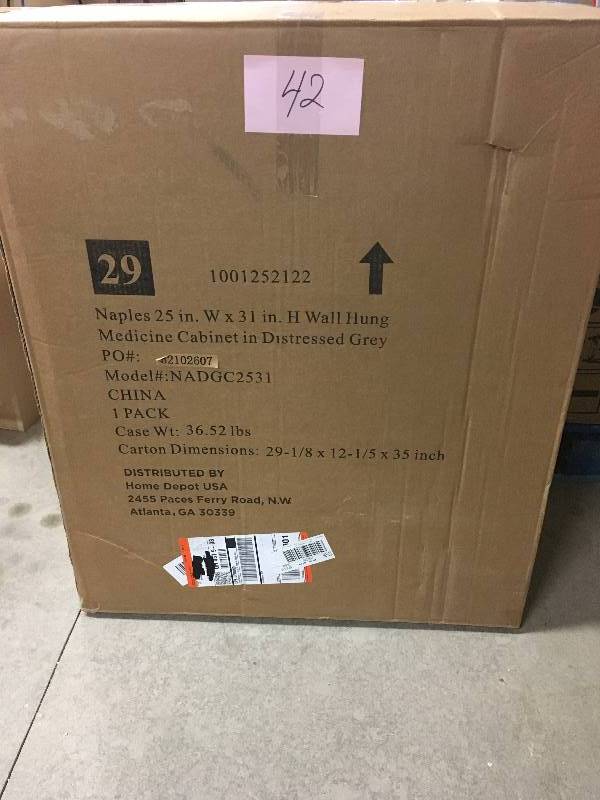 Home Decorators Collection Naples 25 W x 31 H x 8 D Framed Surface-Mount Bathroom Medicine Cabinet in Distressed Gray  open box not used