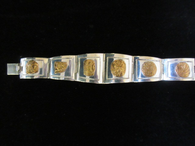 lot 340 image: STERLING AND GOLD TAXCO TRIBAL MYAN STYLE PANEL BRACELET